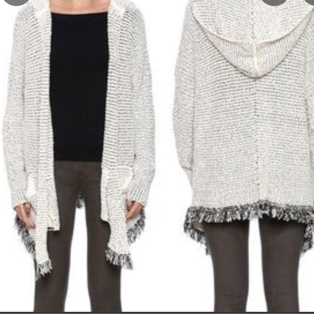 Free People White Love Me Tender Knitted Fringed Hem Hooded Open Cardigan small